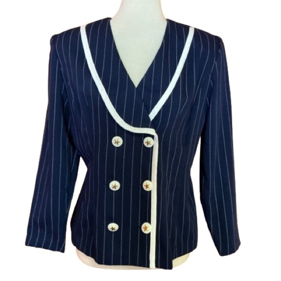 Vtg 80s Navy Blue classic double breasted pinstripe jacket - Picture 1 of 9